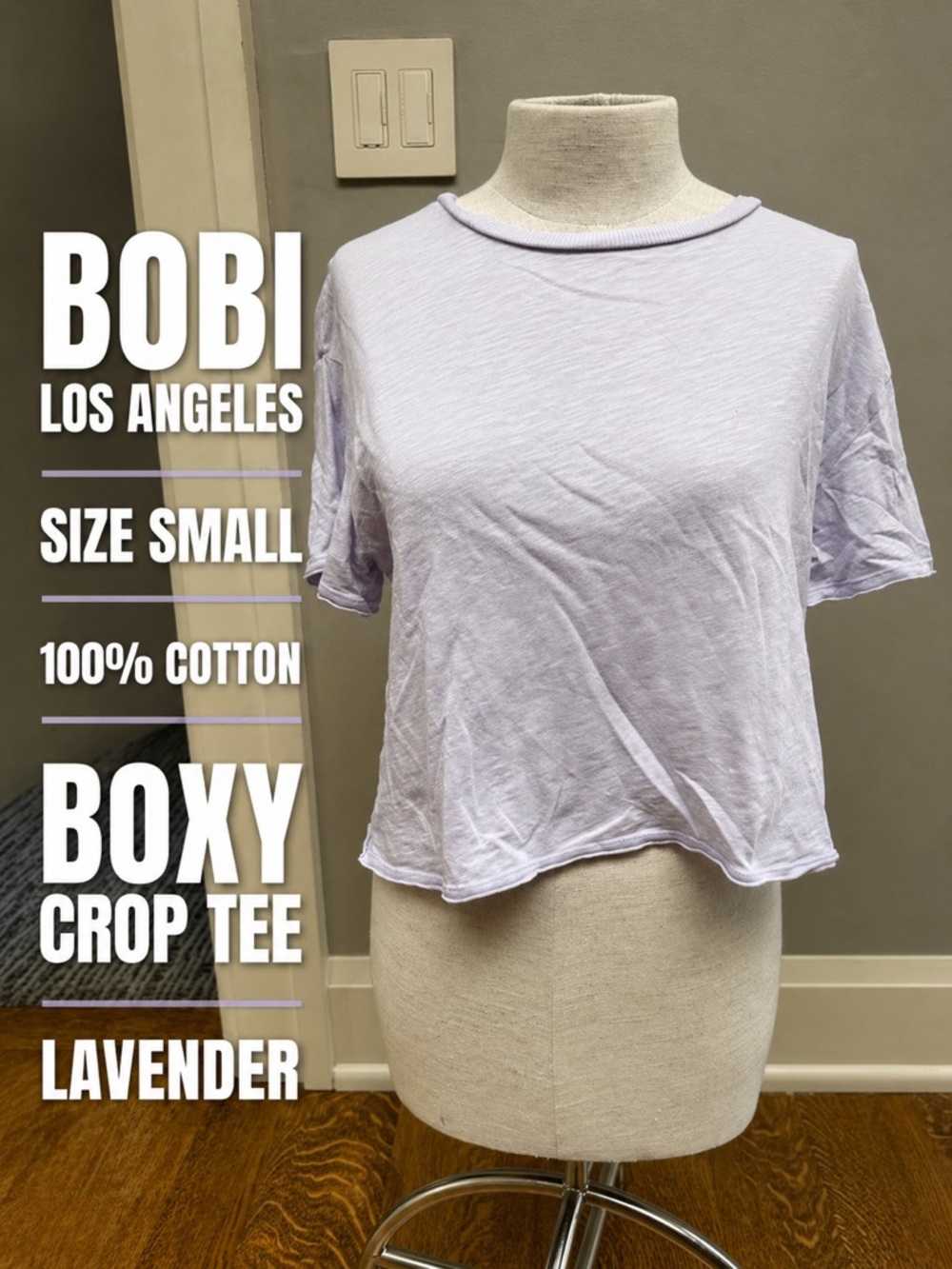 Bobi Los Angeles Lavender 100% Cotton Boxy Crop Tee Small Slub Knit T Shirt